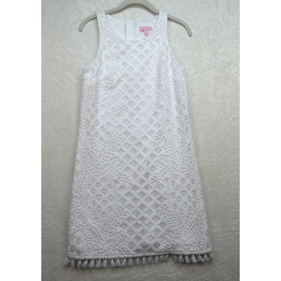 Lilly Pulitzer White Lace Shift Dress Tassel Hem Sleeveless Resort Women S - Picture 2 of 10